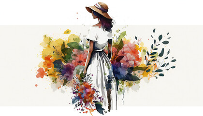 Woman Surrounded by Blooming Flowers, isolated on white background - watercolor style illustration background by Generative Ai