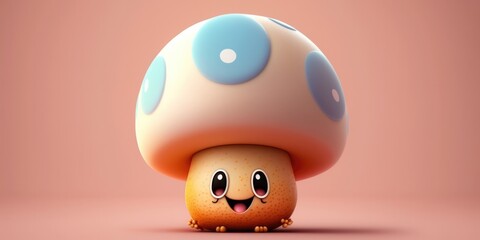 Happy smiling magic mushroom face cartoon character, funny cute vegetable sticker color personage icon isolated on pink background, healthy organic vegan diet food. AI generative.