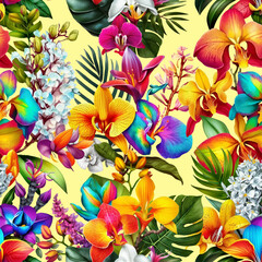 Colorful exotic flowers separated on a yellow background. Seamless vector illustration.