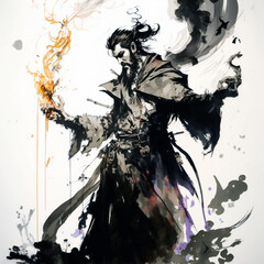 Dark Wizard Unleashing Cursed Magic, isolated on white background - watercolor style illustration background by Generative Ai