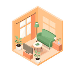 Isometric living room. Green sofa, lamppa and houseplant. Modern and minimalist interior. Project, template and layout. Set of furniture for comfort and coziness. Cartoon 3D vector illustration