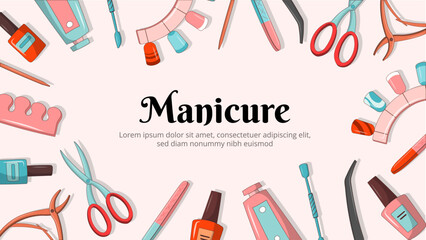 Manicure items banner. Scissors, nail file and varnish. Spa treatments and care for toenails and hands. Aesthetics and elegance. Design element for landing page. Cartoon flat vector illustration