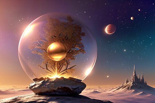 A macro view of Gallifrey encapsulated within a small, glowing crystal ball resting on a golden Portland independent bottom whitbed stone, all set against a pastel background.