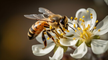 Flying honey bee pollinating a flower - obrazy, fototapety, plakaty