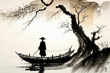 Japan traditional japanese painting art japan with a person in a canoa in a river, landscape, generative ai