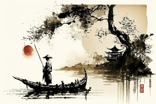 Japan traditional japanese painting art japan with a person in a canoa in a river, landscape, generative ai