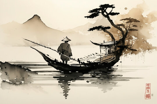 Japan traditional japanese painting art japan with a person in a canoa in a river, landscape, generative ai
