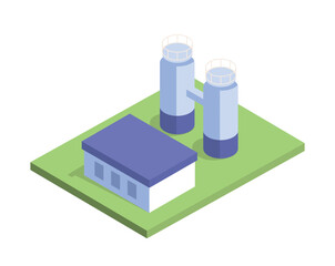 Power plant concept. Alternative energy sources, electricity generation. Two large tanks and reactor next to control building. Poster or banner. Cartoon isometric vector illustration