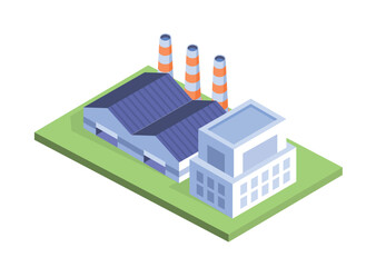 Power plant concept. Three buildings near three large water pipes, cooling system. Template, layout and mock up. Production of electricity. Cartoon isometric vector illustration