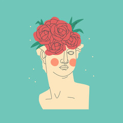 Decorative ancient Greek sculpture of David. Antique sculpture with a bouquet of roses on its head. Vector isolated trend illustration.