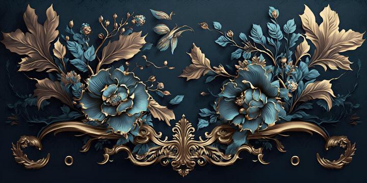 wallpaper of a rococo blooms flowers retro vibes scheme blue gold tone luxurious style background
