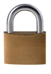 Fototapeta premium Brass padlock for securing valuables with a chrome shackle on an isolated background.