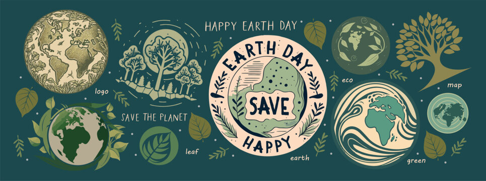 Happy earth day! Vector minimalistic illustrations of globe, world, map, ecology and environmental protection for logo, poster, greeting card or background