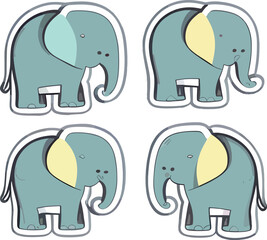 Funny elephant stickers in cartoon, doodle style. Vector Illustration