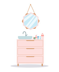 Bathroom nightstand concept. Pink furniture with sink and place for creams and lotions and mirror. Modern minimalistic interior. Fashion and trend. Cartoon flat vector illustration