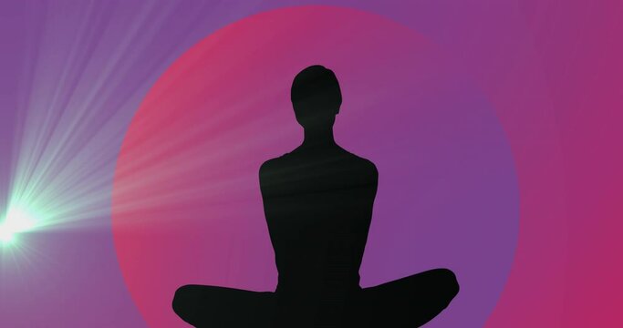Animation of light spot over silhouette of a woman in yoga pose against purple gradient background