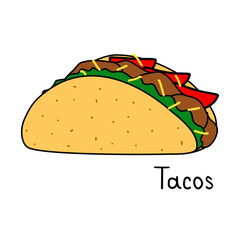Tacos with tortilla shell Mexican lunch, doodle style vector