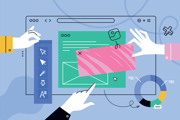Vector illustration of web design and development. Creative concept for web banner, social media banner, business presentation, marketing material. - obrazy, fototapety, plakaty