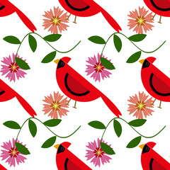 Pattern uccello cardinale rosso con fiori - obrazy, fototapety, plakaty