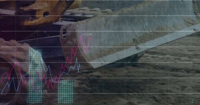 Animation of statistical data processing over bulldozer operating at construction site