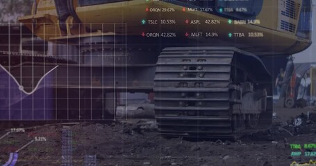 Animation of stock market data processing over hydraulic vehicle operating at junkyard - Powered by Adobe