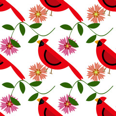 Pattern con uccellino cardinale rosso isolato su sfondo bianco