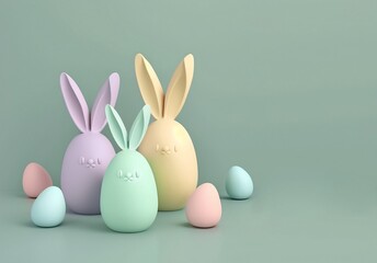 Naklejka na ściany i meble Fondo verde con con huevos de Pascua con orejas de conejo color pastel. 3d render realista. Generados con tecnología IA