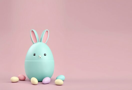 Fondo rosa con con huevo de Pascua con orejas de conejo color pastel. 3d render realista. Generados con tecnología IA