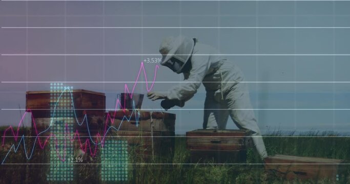 Animation of statistical data processing over farmer putting fertilizer in the farm