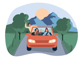 Car trip with friends. Men and women ride in red car. Travel and adventure, young people on highway. Tourists and travelers in adventure. Cartoon flat vector illustration