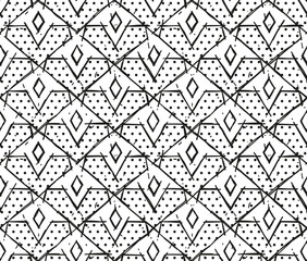 Line ornament with abstract geometric shapes and rhombus in black and white colors on polka dot background. Vector flat seamless pattern - 583292510