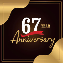 67th years anniversary celebration logo vector design with gold color geometric shape with red ribbon and white numbers font on brown background  