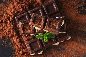 Dark and milk chocolate with nuts on a dark background sprinkled with cocoa powder.
