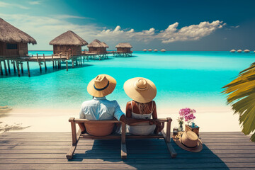 A couple relaxing on the idyllic beaches of the Maldives, surrounded by crystal clear waters and overwater bungalows - Generative AI - obrazy, fototapety, plakaty