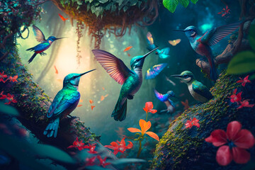 Obraz na płótnie Canvas An enchanted forest with a group of hummingbirds - Generative AI