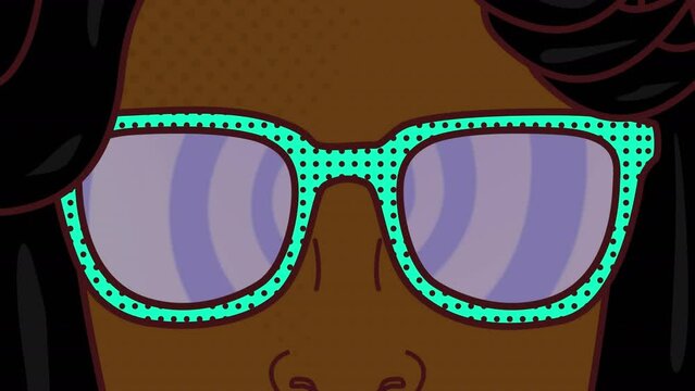 Animation of close up of woman wearing sunglasses against concentric circles on purple background