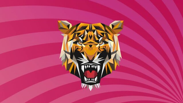 Animation of tiger face icon against radial rays in seamless pattern on pink background