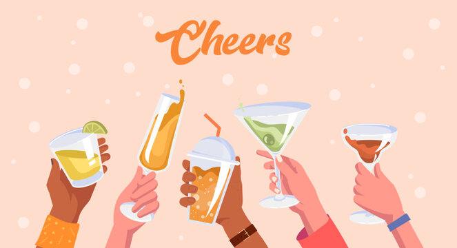 Cheers summer concept. Characters holding glass goblets with alcoholic drinks, juice and lemonade. Recreation in tropical and exotic countries. Cold lemonade. Cartoon flat vector illustration