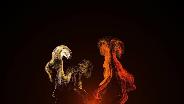 Dancing Particles. This is a standard motion graphic showing particle flows moving towards each other as if spinning in a dance. 