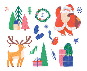 Christmas Scandi set. Collection of stickers for social networks and messengers. Santa with bag of gifts, reindeer and mittens. Cartoon flat vector illustrations isolated on white background