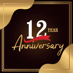 12th years anniversary celebration logo vector design with gold color geometric shape with red ribbon and white numbers font on brown background  
