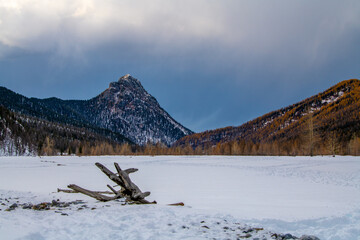 Landscape in the snow covered mountains.