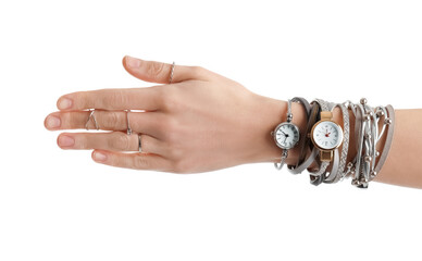 Fototapeta premium Woman with stylish wristwatches on white background