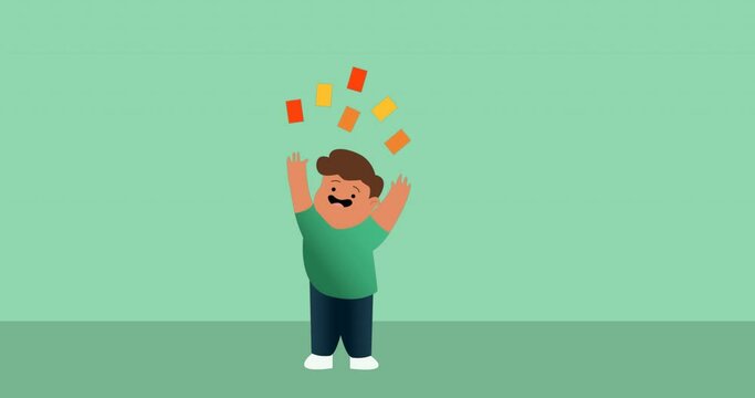 Animation of biracial boy holding cards icon on green background
