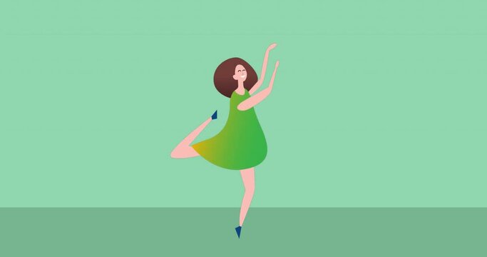 Animation of caucasian woman dancing icon on green background