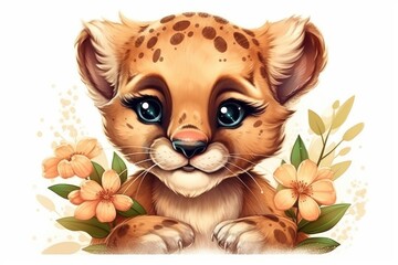 Cartoon cute lovely Baby Cougar floral.