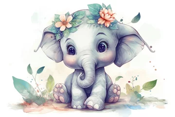 Rolgordijnen Olifant Cartoon cute Lovely Baby Elephant floral.