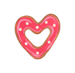 Isolated watercolor and gouache elements. Gingerbread. Gingerbread in the form of a heart. Bakery products. Valentine's day. Painting. Color illustration. The print is used for packaging design.