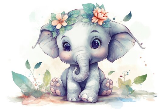 Cartoon cute Lovely Baby Elephant floral.