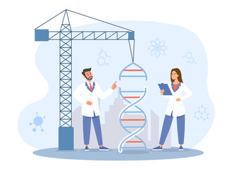 DNA construction concept. Man and woman evaluate structure of molecule. Scientists and doctors, specialists. Molecular biology and chemistry, genetic engineering. Cartoon flat vector illustration